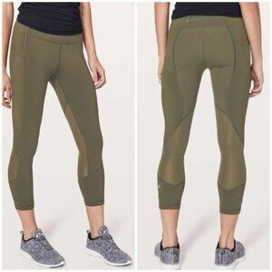 Lululemon Pace Rival Crop Leggings 22" Dark Olive Mid Rise Mesh Stretch Sz 2